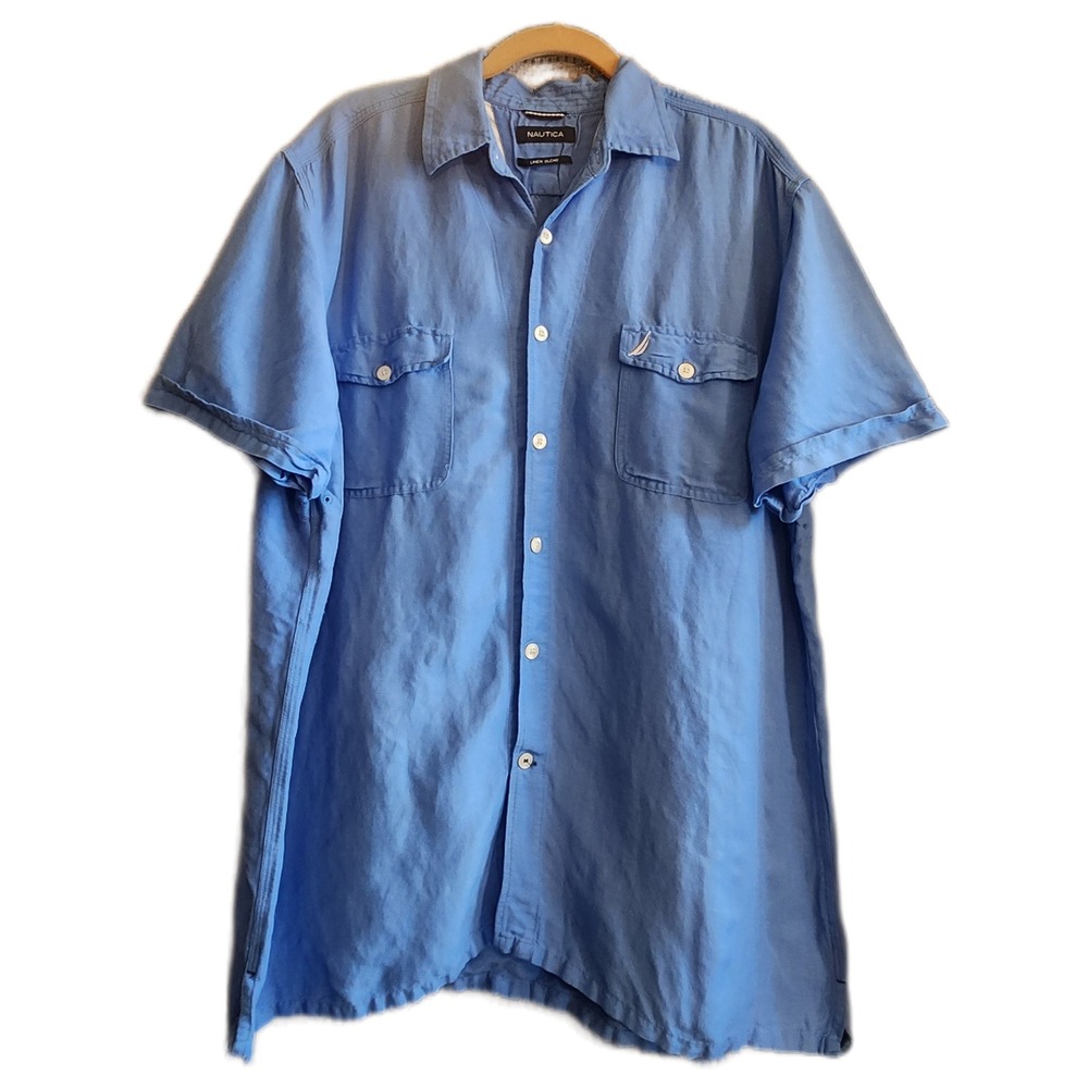 Nautica Mens XL Blue Linen Blend Short Sleeve Button Down Shirt Pocket Logo